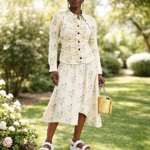 Ganni Floral-Print Crinkled Satin Midi Skirt Pastel Yellow Size 36